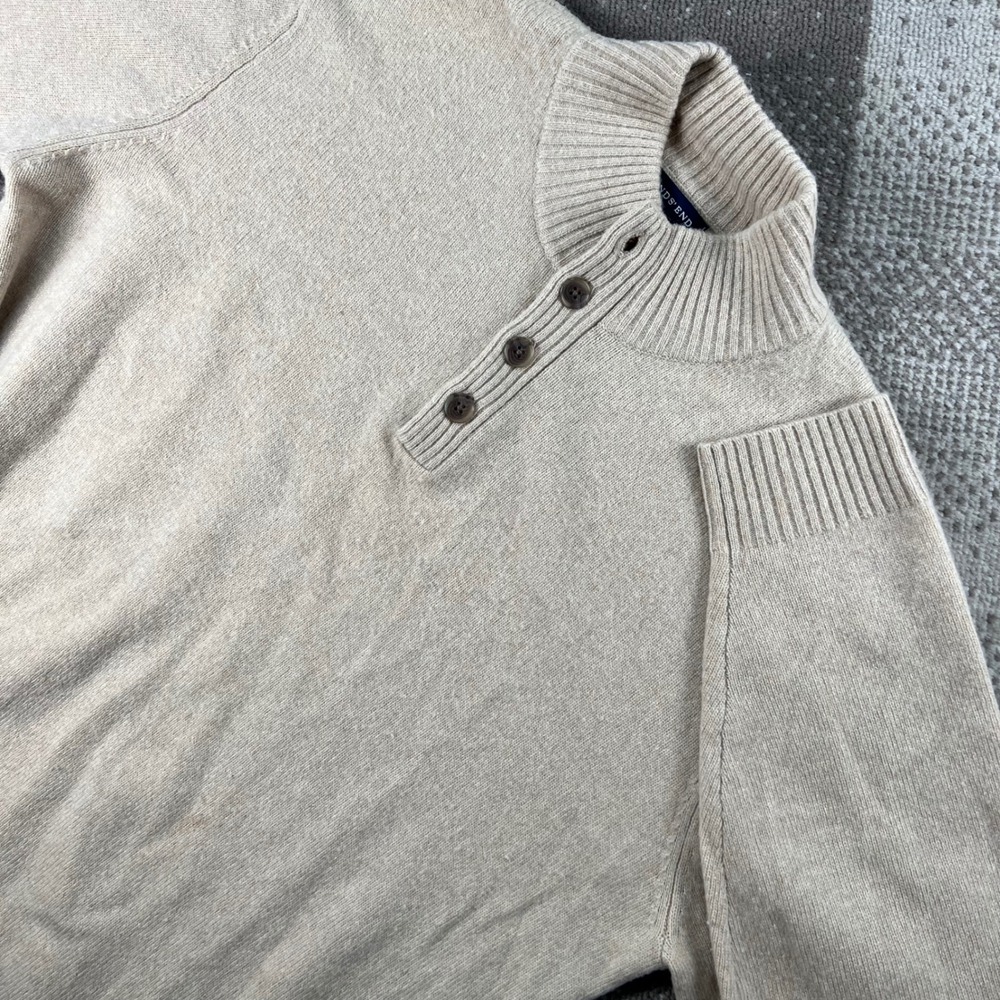 Lands‎ End Mens XL Beige Lambswool Cashmere Mock Neck Quarter Button Sweater